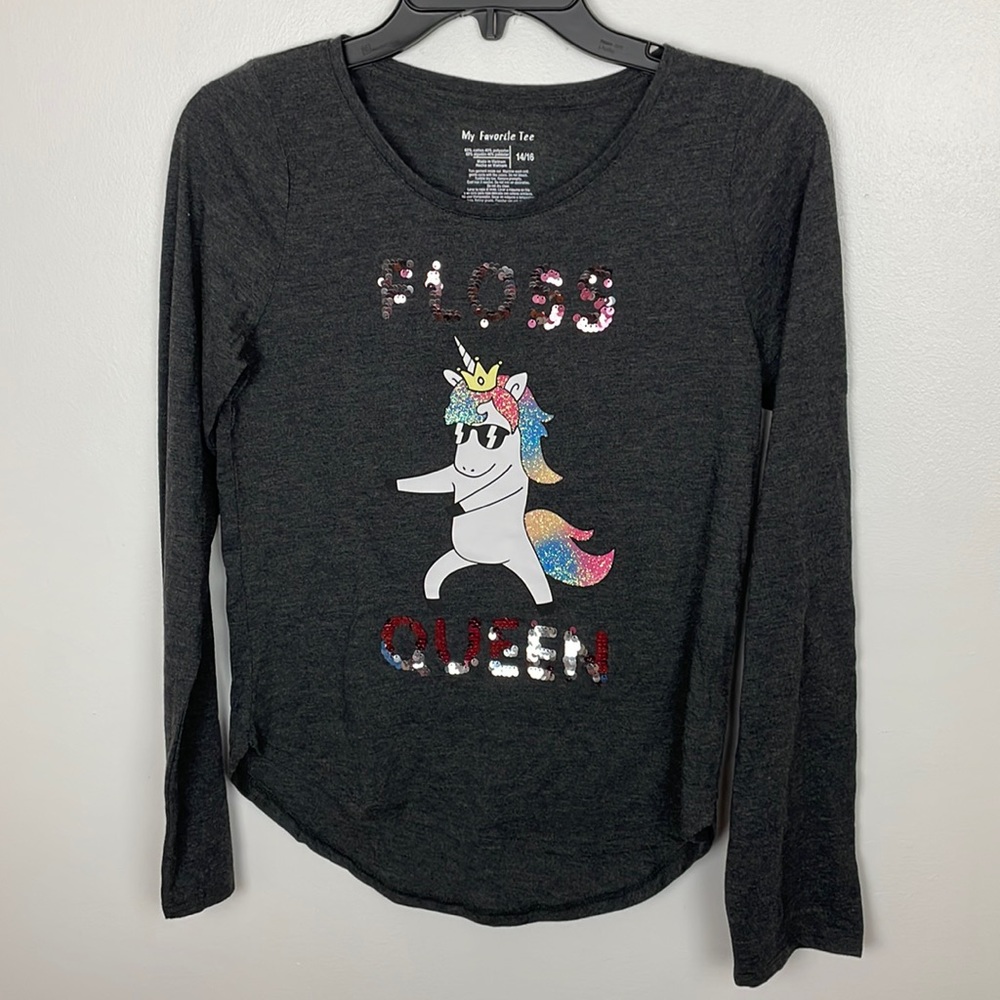 NWOT Super Cute Multicolor Sequin Unicorn "Floss Queen”Girls Tee 14/16